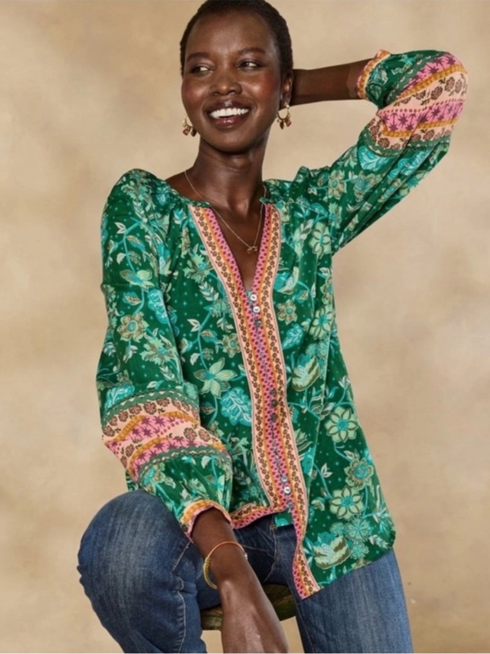 Sundance Arvilla silk blend green floral boho blouse L